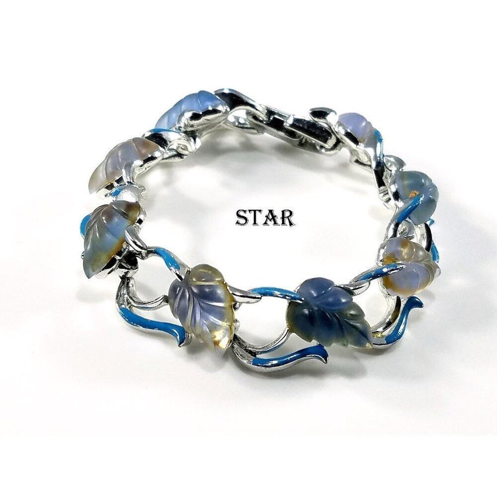 Vintage STAR Blue Lucite Leaves Bracelet 1960s Rhodium Plate Small